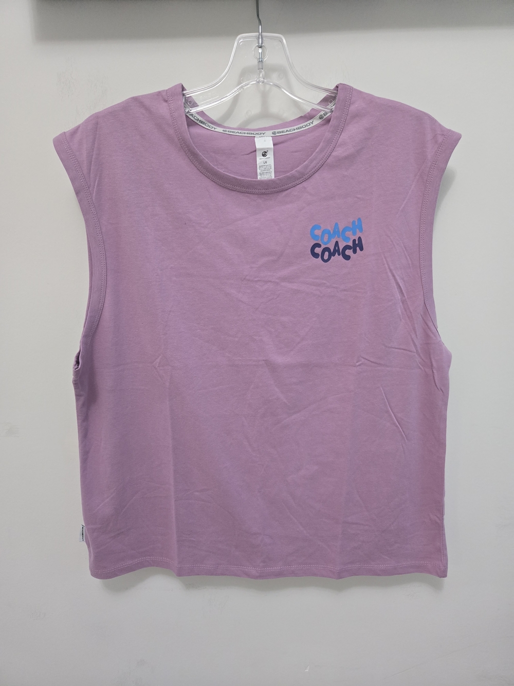 Beachbody Lavender Muscle Tee with Blue Logo Coach 100%Cotton Size L